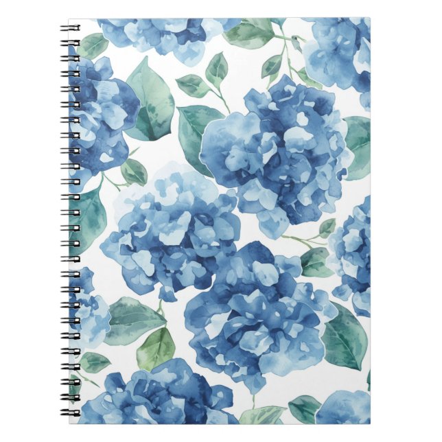 Cuaderno Hydrangea Blues | Patrón de flores de acuarela en  (Frente)