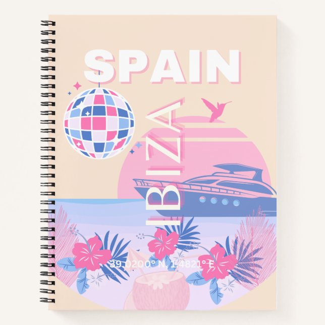 Cuaderno Ibiza, España, Viajes, Arte Preppy, Rosa, Pastel (Anverso)