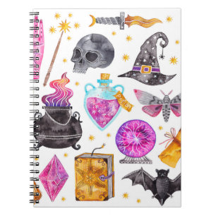 Cuaderno Iconos de magia de acuarela. Dibujado a mano, gara