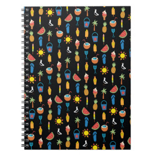 Cuaderno Iconos de verano sin fisuras patrón vintage negro.
