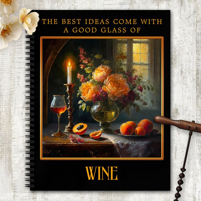 Cuaderno Ideas de vida de Bella Artes Wine Still (Notebook featuring a vintage still life illustration of a glass of wine with peonies and peaches)