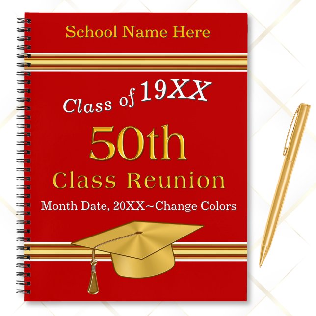 Cuaderno Ideas sindicales de clase 50 años, Personalizable  (50th Class Reunion Party Supplies. 50 year reunion sign up book. Red personalized deluxe notebook.)