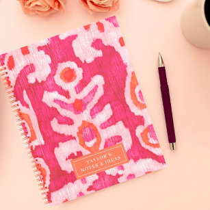 Cuaderno Ikat tribal rosa y Naranja personalizado