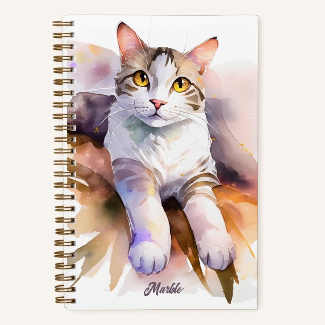 Cuaderno Ilustracion acuarela de gato blanco dulce (Anverso)