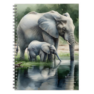 Cuaderno Ilustracion acuático de mamá y bebé elefante