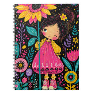 Cuaderno Ilustración Caprichosa de Niña Floral Colorido Fol