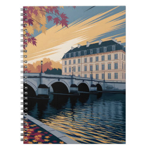Cuaderno Ilustración de ciudad europea junto al río en otoñ