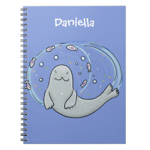 Cuaderno Ilustracion de foca feliz y personalizado azul de