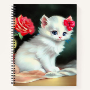 Cuaderno Ilustracion de gatito blanco con flores rojas