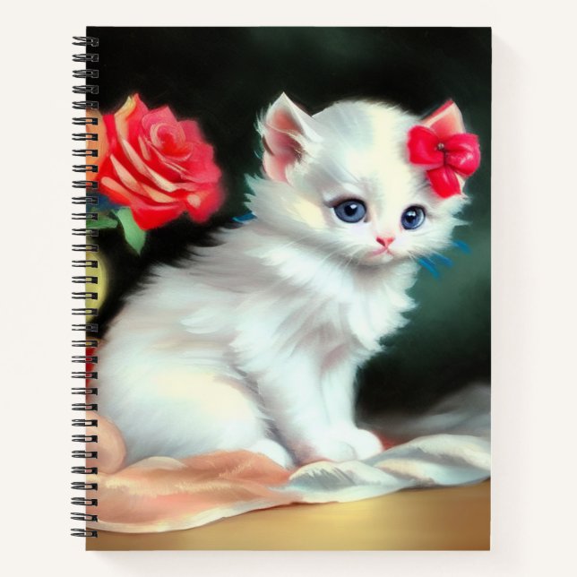 Cuaderno Ilustracion de gatito blanco con flores rojas (Anverso)