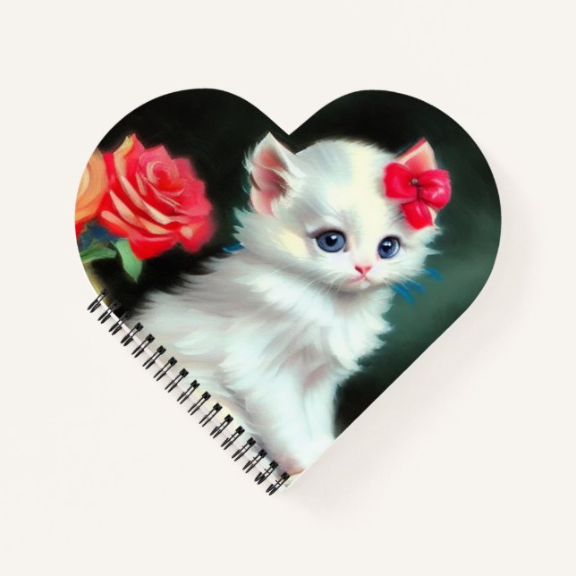 Cuaderno Ilustracion de gatito blanco con flores rojas (Anverso)