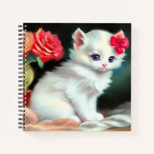 Cuaderno Ilustracion de gatito blanco con flores rojas