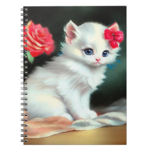 Cuaderno Ilustracion de gatito blanco con flores rojas