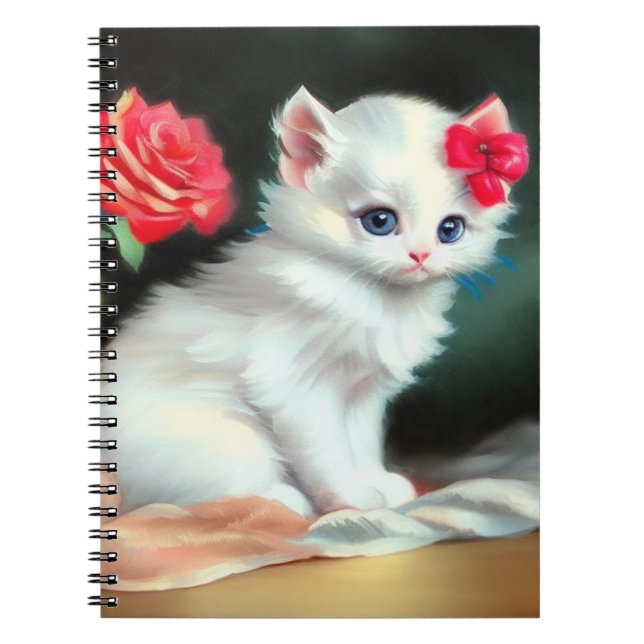 Cuaderno Ilustracion de gatito blanco con flores rojas (Frente)