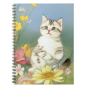 Cuaderno Ilustracion de gatito vintage con flores amarillas