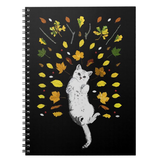 Cuaderno Ilustracion de gato blanco con hojas caídas (Frente)