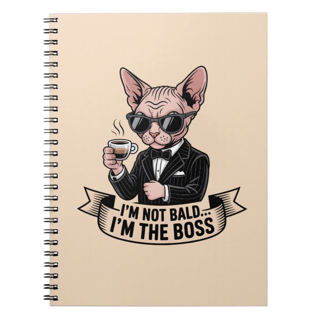 Cuaderno Ilustración de gato Sphynx jefe y café (Frente)