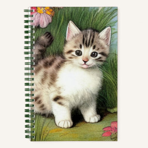 Cuaderno Ilustracion de gato vintage con flores rojas