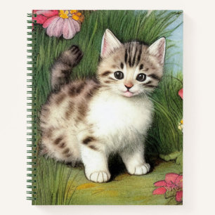 Cuaderno Ilustracion de gato vintage con flores rojas