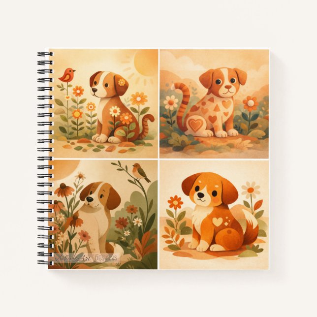 Cuaderno Ilustración de jardín de cachorros florales lindos (Anverso)