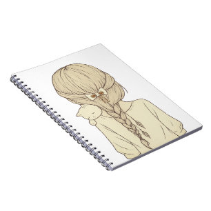 Cuaderno Ilustración de niña con trenza y gato – Pastel sua