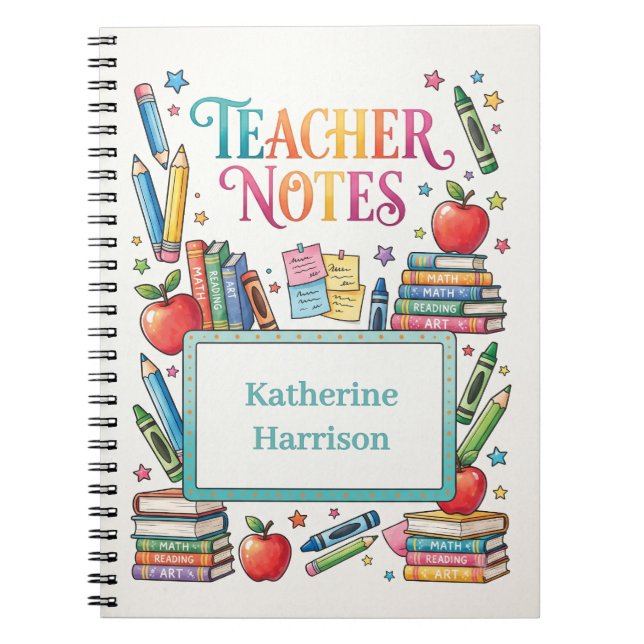 Cuaderno Ilustración de notas de maestro con útiles escolar (Frente)