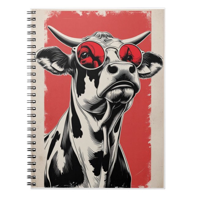 Cuaderno Ilustracion de vaca audaz con gafas de sol rojas (Frente)