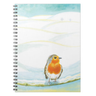 Cuaderno Ilustracion del paisaje invernal blanco con Robin