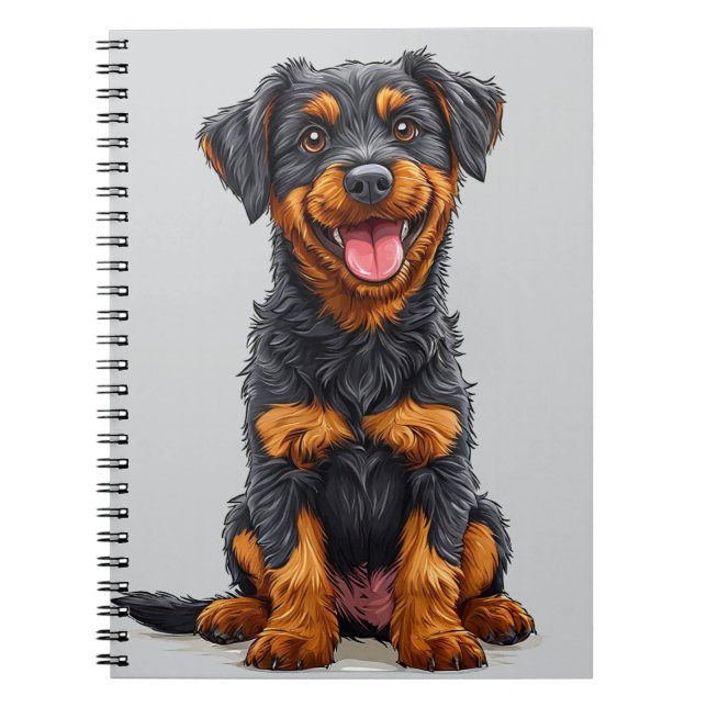 Cuaderno Ilustración feliz de un perro negro y marrón (Frente)