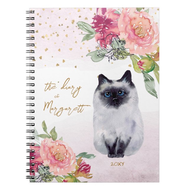 Cuaderno Ilustracion gato siamés florió diario Chica (Frente)