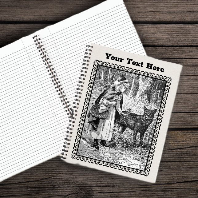 Cuaderno Ilustración Negra Caperucita Roja Canasta Lobo  (Black Illustration Red Riding hood basket in woods with wolf ornate frame on spiral notebook.)