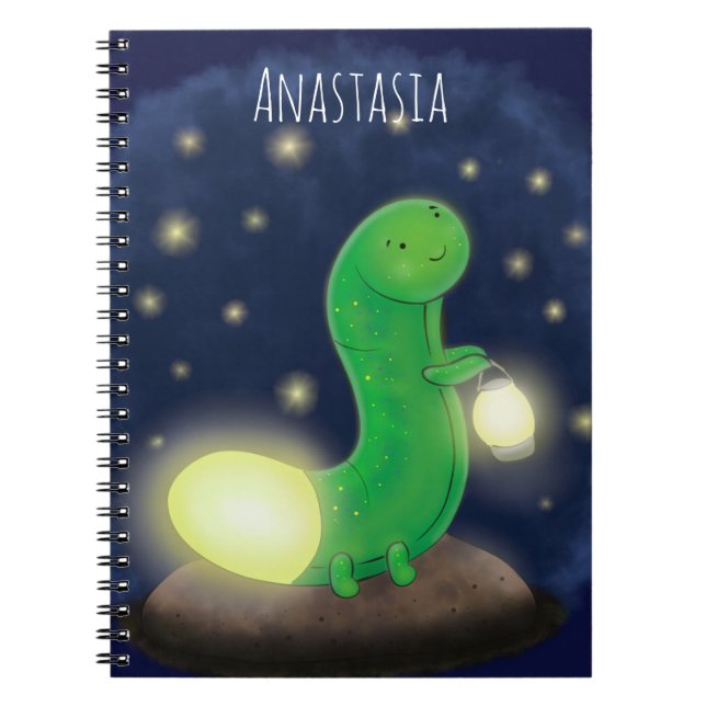 Cuaderno Ilustracion personalizado de gusano de brillo verd (Frente)