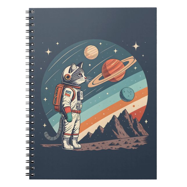 Cuaderno Ilustración Retro de Gato Astronauta Espacio Cósmi (Frente)