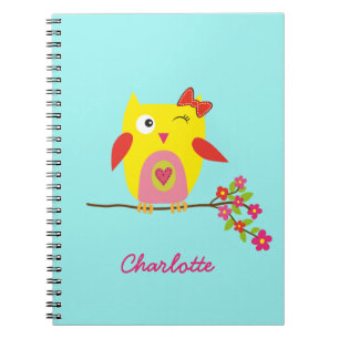 Cuaderno Ilustracion rosa amarillo de búho blanco personali