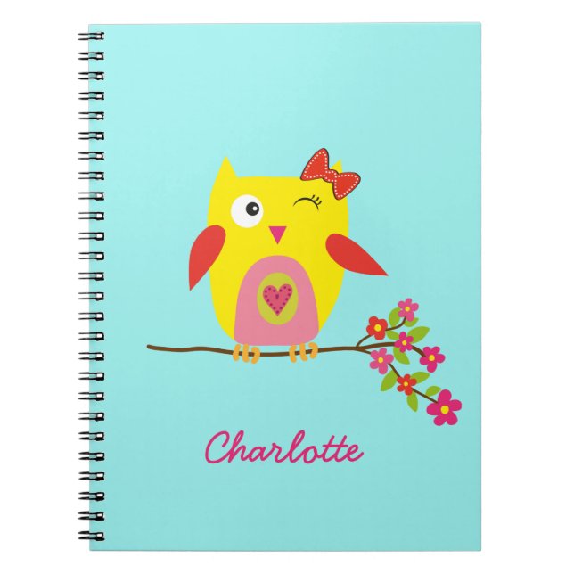 Cuaderno Ilustracion rosa amarillo de búho blanco personali (Frente)