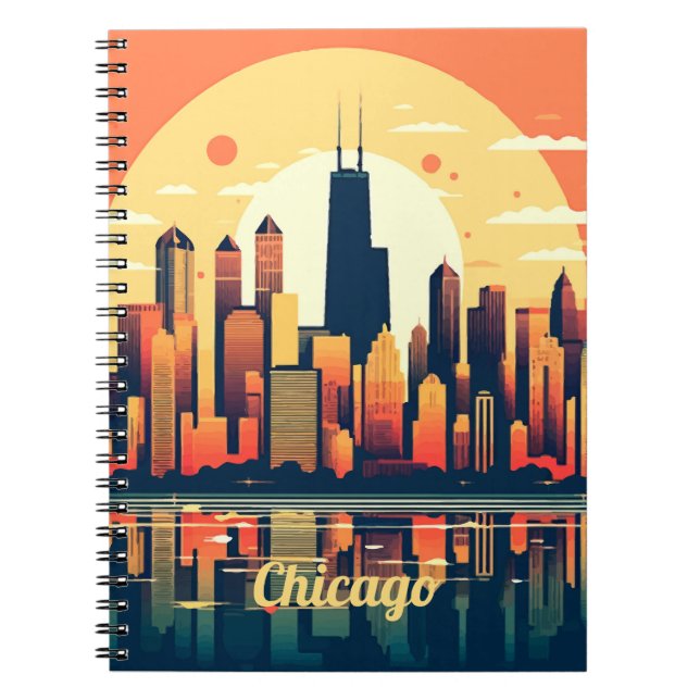 Cuaderno Ilustracion Skyline de Chicago en Naranja (Frente)