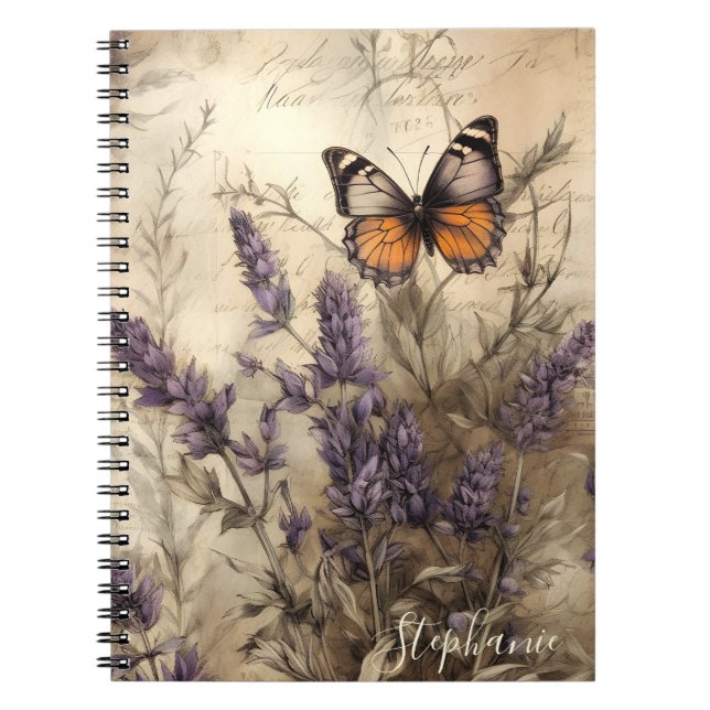 Cuaderno Ilustración Vintage de Mariposa Lavanda (Frente)