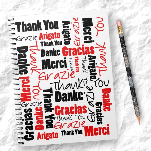 Cuaderno Imagen de personalizado Red Black Gracias Word Clo (multilingual typography front notebook cover)