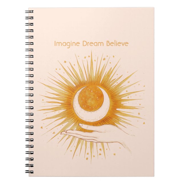 Cuaderno Imagina Sueña Cree Oro Naranja Sol Mano (Frente)