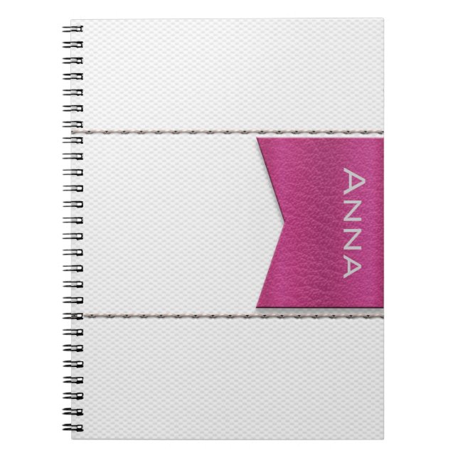 Cuaderno Imitación de cuero blanco,costuras,label rosa (Frente)