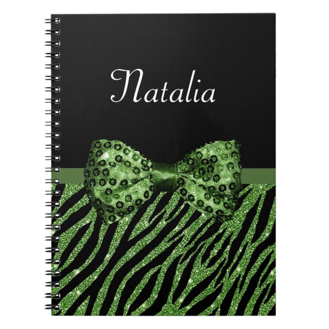 Cuaderno Impresión de cebra verde suave FAUX Glitz Bow con  (Frente)
