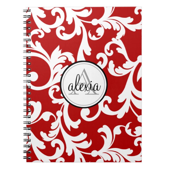 Cuaderno Impresión de Damasco Monogramado Cherry Red (Frente)