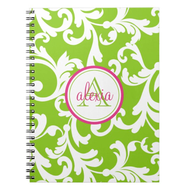 Cuaderno Impresión de Damasco monogramado de frambuesa y ca (Frente)