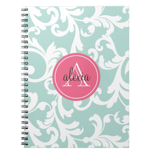 Cuaderno Impresión de Damasco Monogramado en tinta y rosa (Frente)