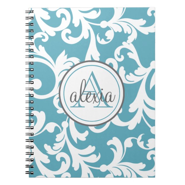 Cuaderno Impresión de Damasco Monogramado Ocean Blue (Frente)