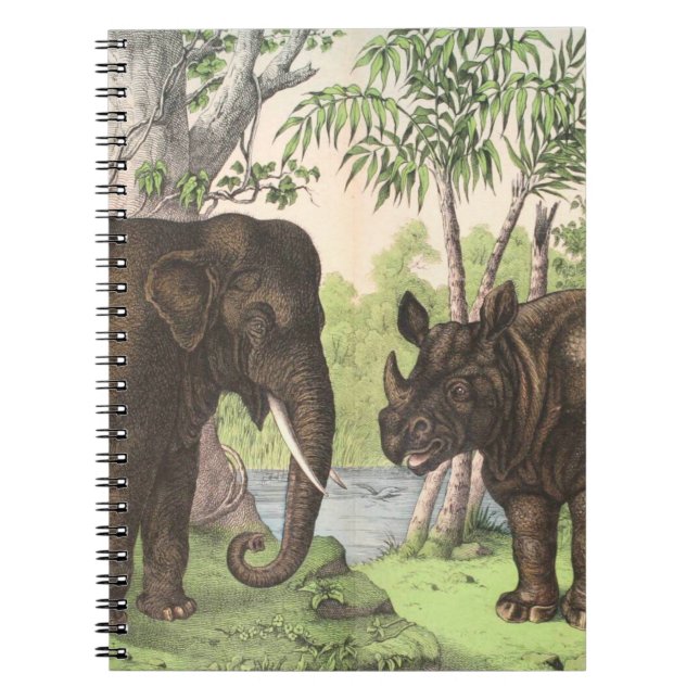 Cuaderno Impresión de elefante antiguo rinoceronte en selva (Frente)