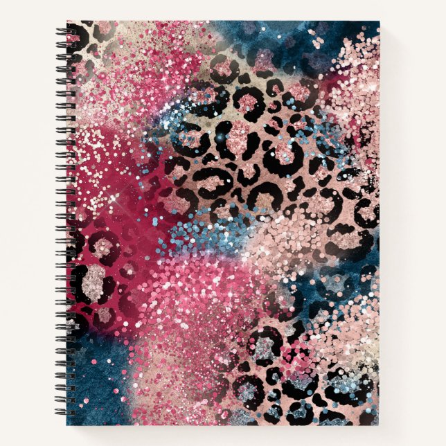 Cuaderno Impresión de leopardo de Purpurina azul rosa (Anverso)