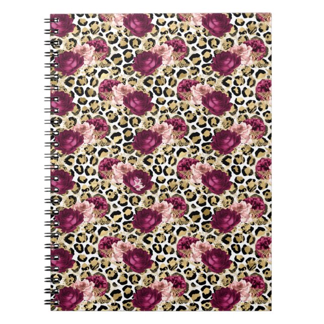 Cuaderno Impresión de Leopardo Floral Rosa Girly Gold (Frente)