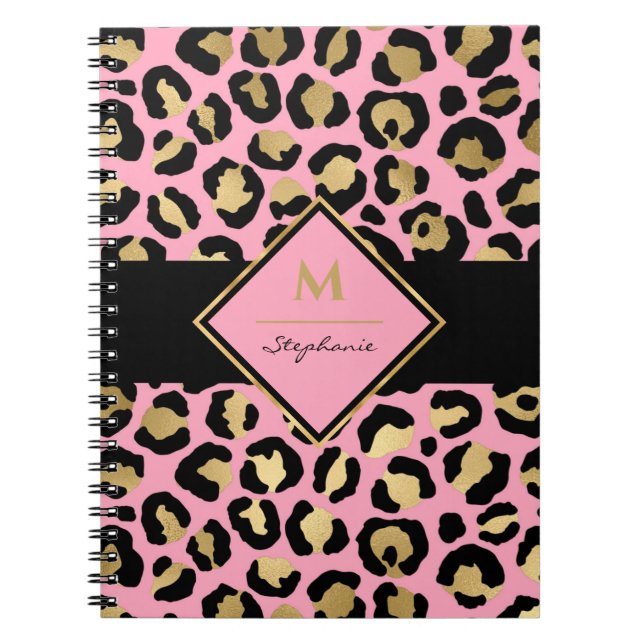 Cuaderno Impresión de leopardo negro y rosado dorado de mod (Frente)
