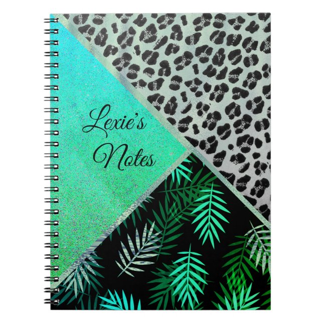 Cuaderno Impresión de leopardo tropical Verde azulado Purpu (Frente)